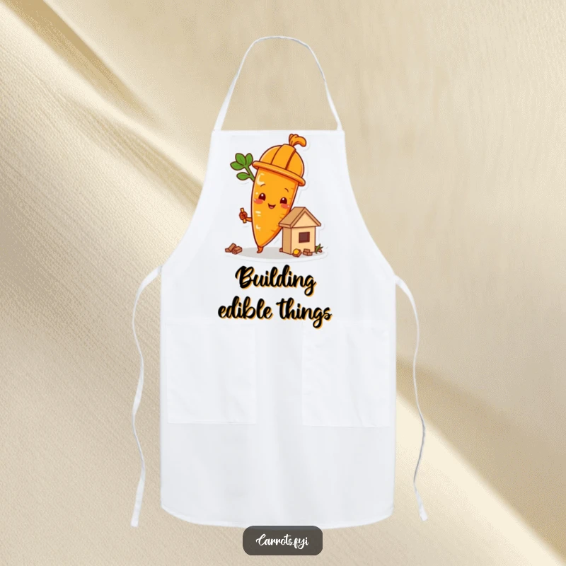 Funny carrot character wearing a hard hat and building a food structure, a humorous apron.