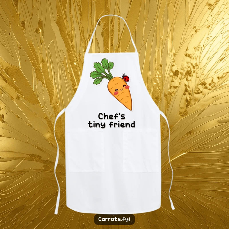 Funny apron featuring a smiling carrot with rosy cheeks, its tip balancing a tiny ladybug, adding a touch of sweet charm to kitchen wear.