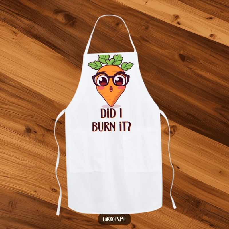 Funny apron with a carrot character looking comically surprised with wide, earthy eyes, ideal for cooking with a humorous expression.