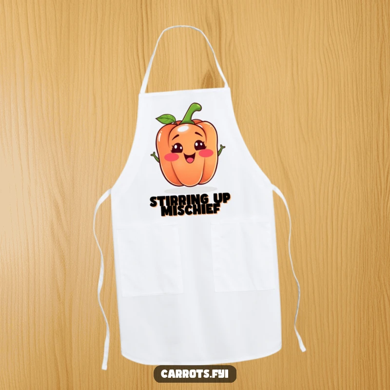 Funny bell pepper apron featuring a cheerful, silly-faced vegetable character, designed to bring humor and protection to the kitchen.