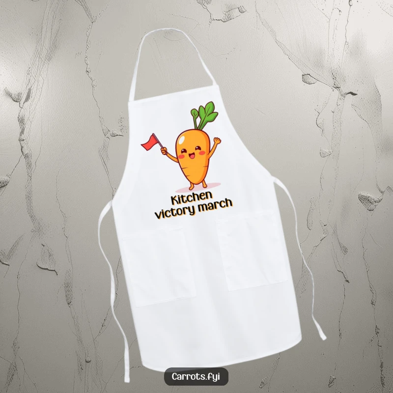 Funny Apron showing a kawaii carrot character with tiny feet, excitedly waving a miniature flag, ready for kitchen fun.