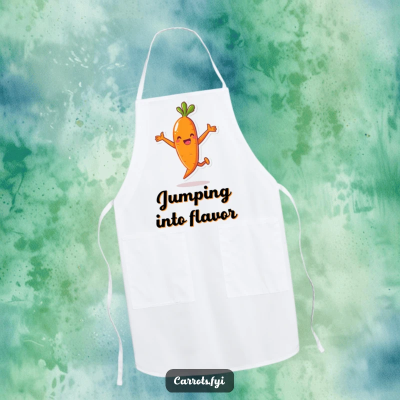 Funny apron featuring an anthropomorphic carrot character in a funny, mid-air jump, designed for cooks who love to add humor to their kitchen.