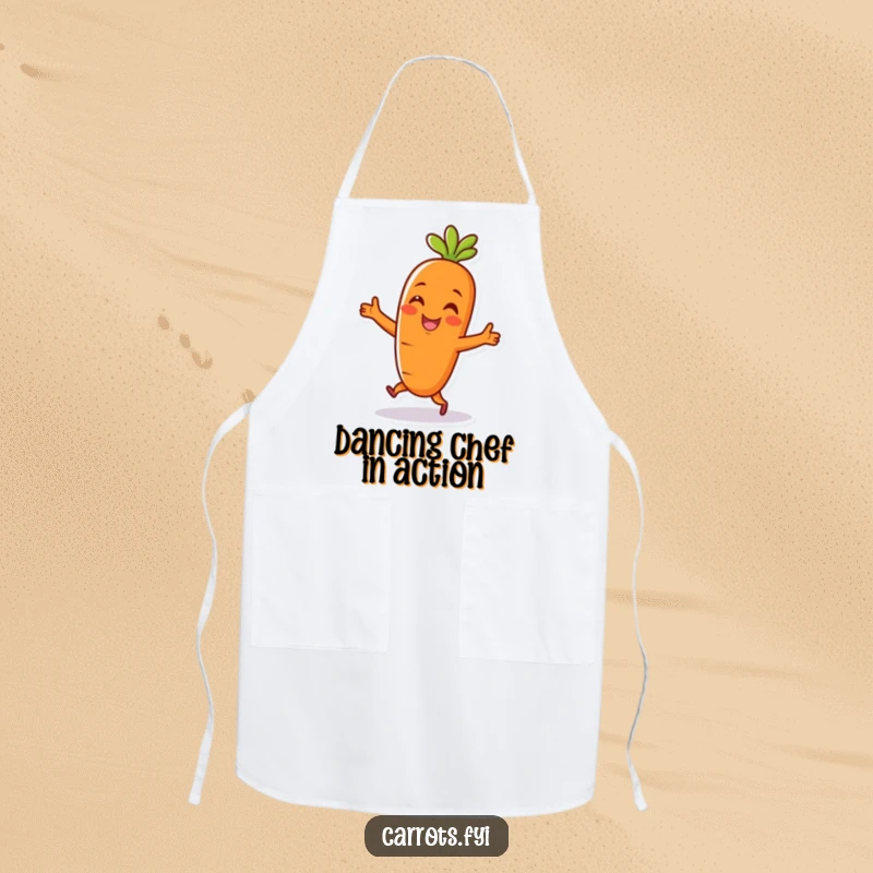 Funny apron adorned with a cheerful carrot character doing a happy dance, perfect for a humorous and energetic cooking experience.
