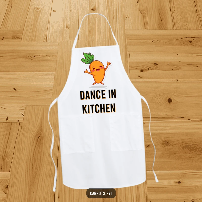 Funny cheerful carrot apron with a grin, performing a silly dance, perfect for kitchen tasks with a touch of fun.
