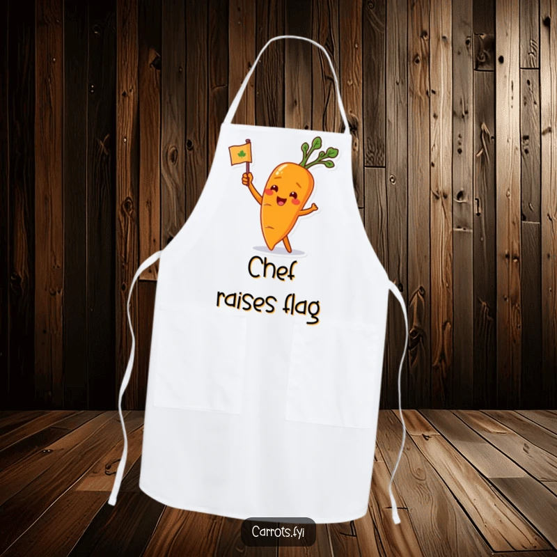 Funny carrot character waving a small flag while wearing a kitchen apron, combining spirited fun and practicality.
