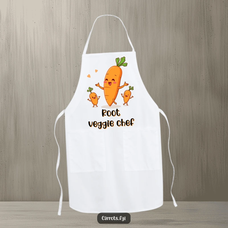Funny apron showing an anthropomorphic carrot character expertly juggling three smaller root vegetables, perfect for a humorous and skilled kitchen environment.