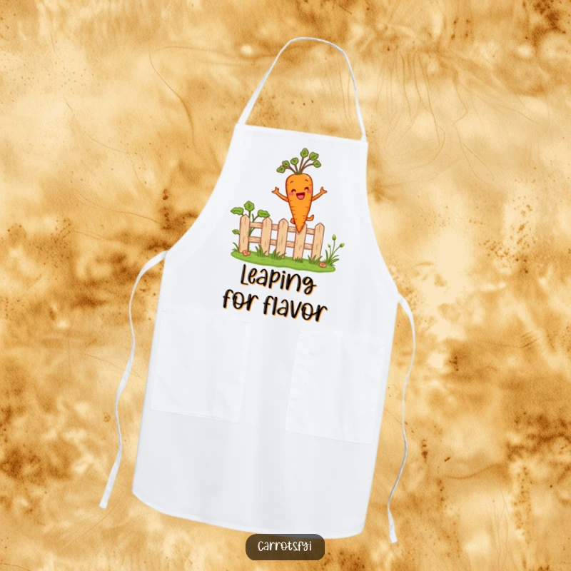 Funny apron showing an anthropomorphic carrot character joyfully leaping over a miniature garden fence, perfect for a fun and active kitchen.