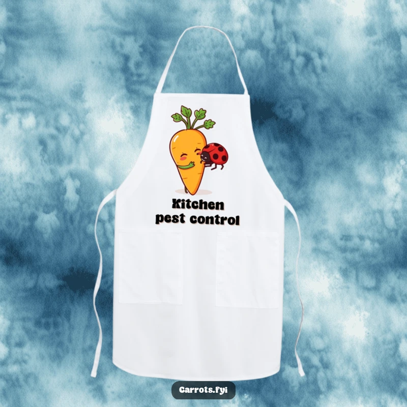 Funny apron designed with a playful anthropomorphic carrot character nudging a friendly ladybug, adding charm to kitchen activities.
