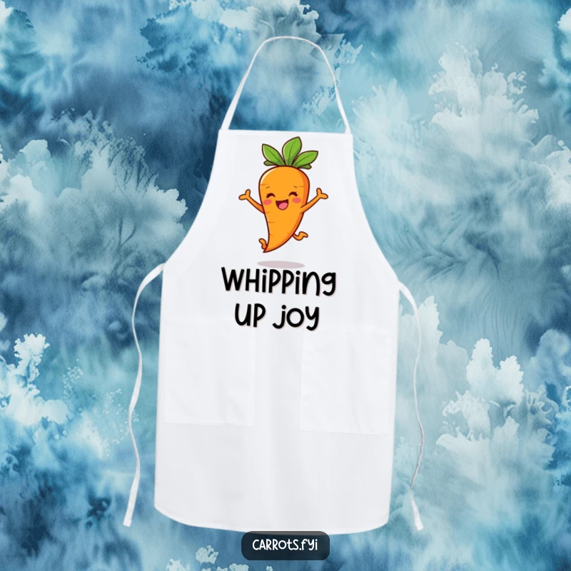 Funny Carrot Stick Apron with a cheerful carrot character joyfully leaping, ready for culinary adventures and spills.