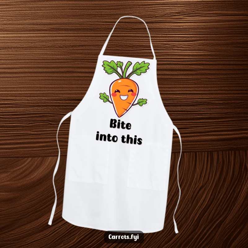 Funny apron showcasing a carrot character with a comically wide smile, ready to bring crunch and cheer to cooking.