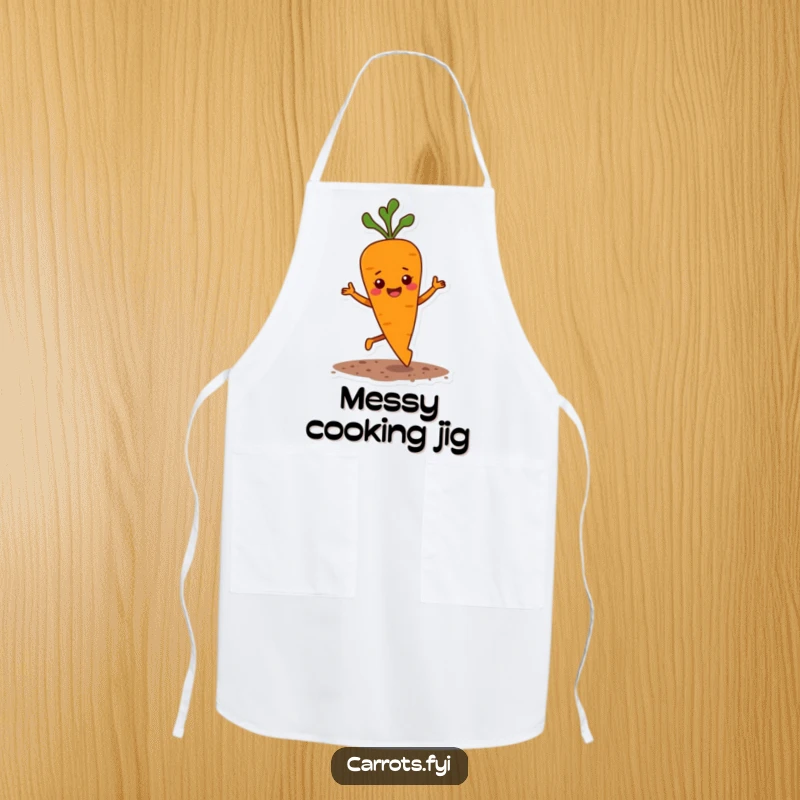 Funny apron design of a carrot character doing a happy jig with soil flecks flying, adding humor to kitchen wear.