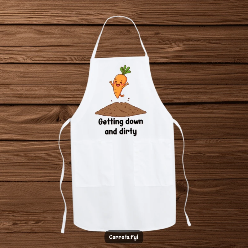Funny apron showing a carrot character joyfully leaping into a pile of soil, perfect for protecting clothes with humor.