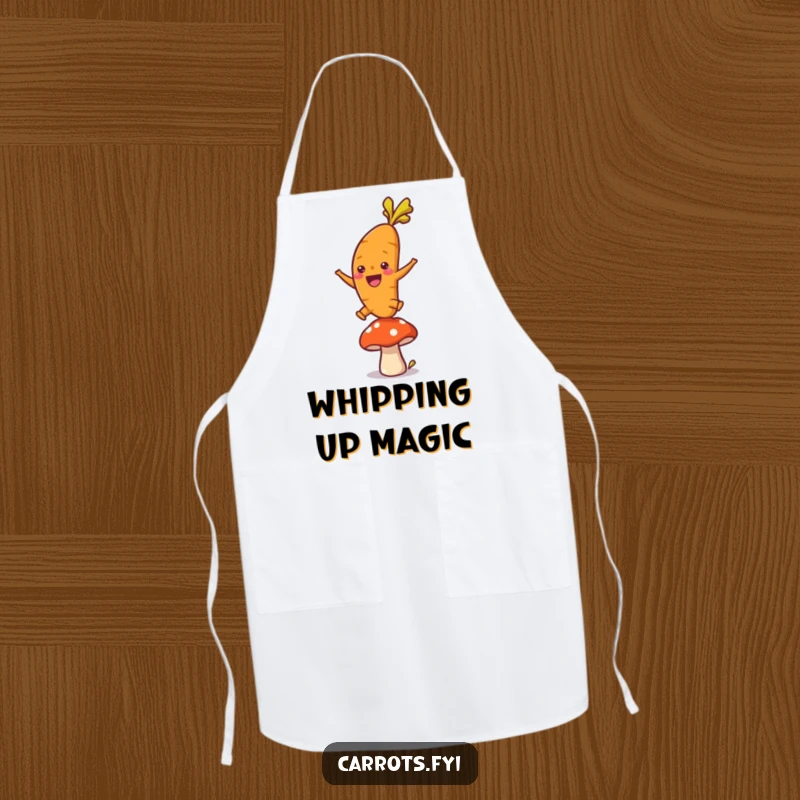 Funny apron graphic depicting a single, joyful carrot character mid-leap over a tiny mushroom, its exuberant expression adding humor to kitchen wear.