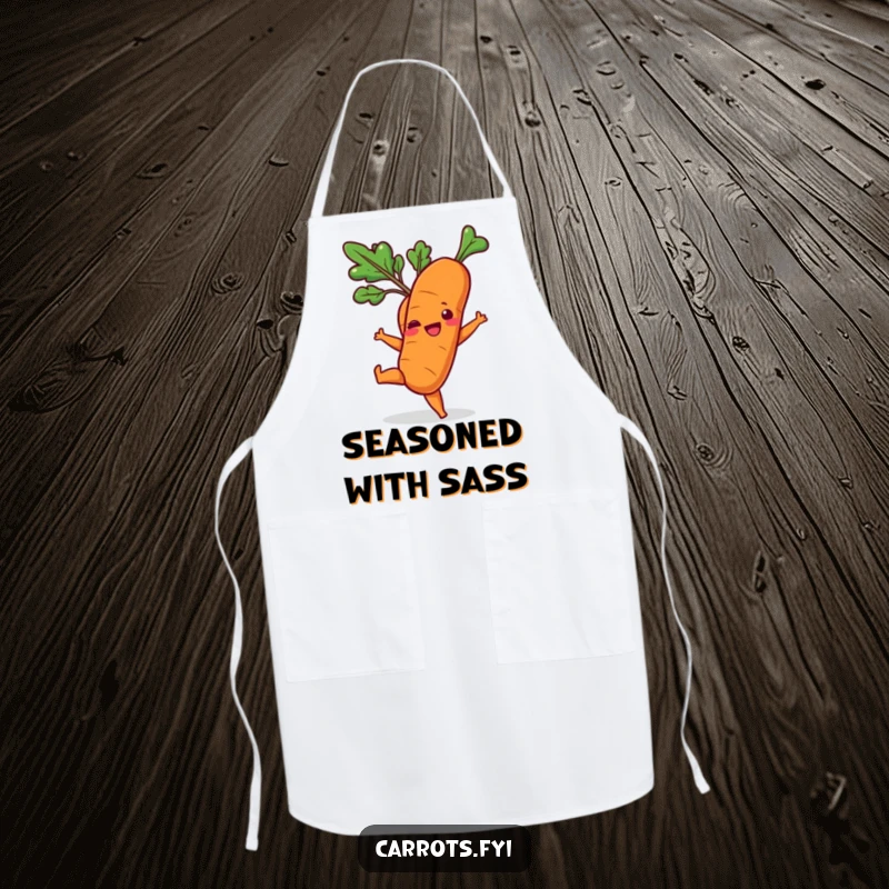 Funny apron showcasing a carrot character in the middle of a playful kick with its leafy top.