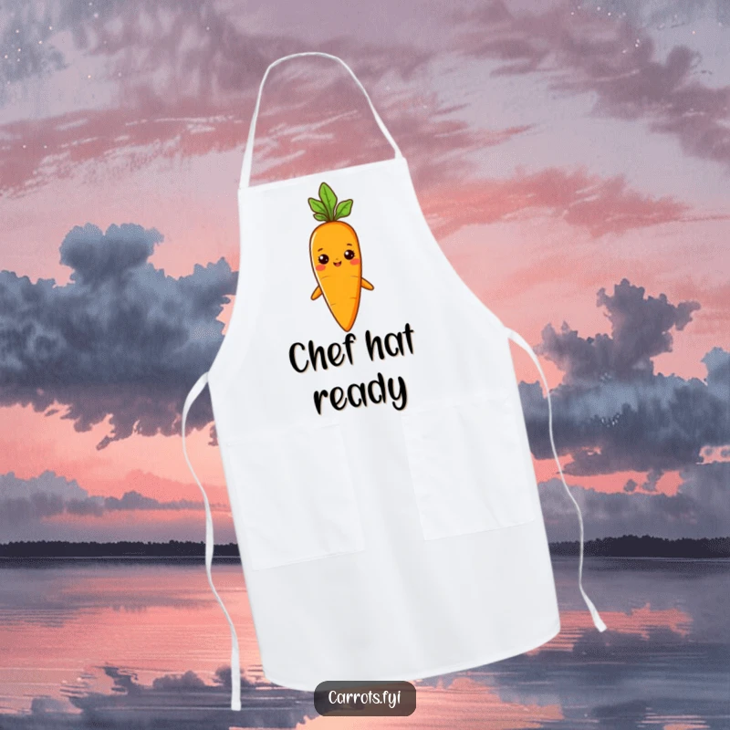 Funny apron showcasing a carrot character proudly wearing a miniature sprout hat, ready for culinary chic.