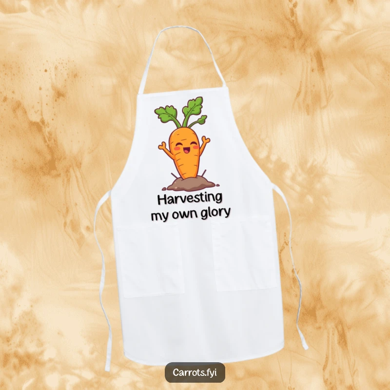 Funny carrot apron showcasing a triumphant carrot character pulling itself out of the ground, ready for kitchen adventures.