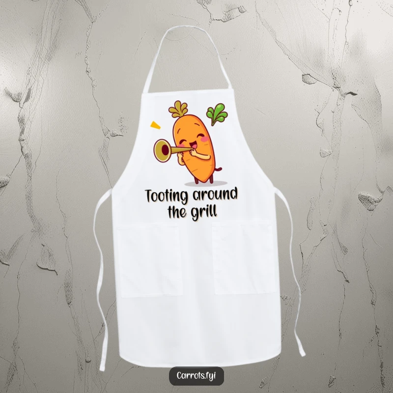 Funny apron showcasing an anthropomorphic carrot character enthusiastically playing a miniature trumpet, designed for cooks who enjoy a musical and humorous kitchen.