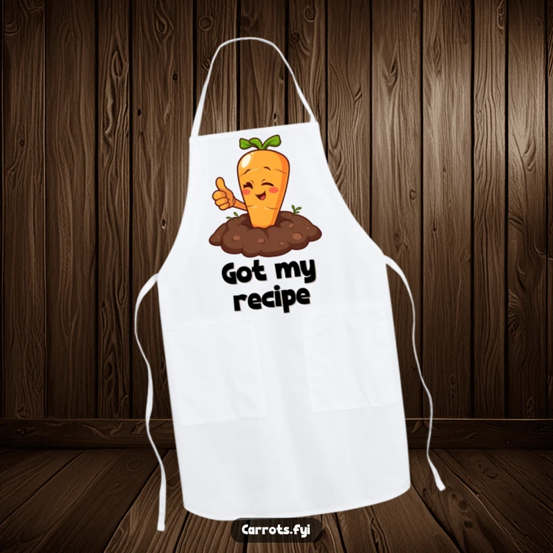 Funny Carrot Apron: A kitchen apron featuring a carrot character winking and giving a thumbs up from the soil.
