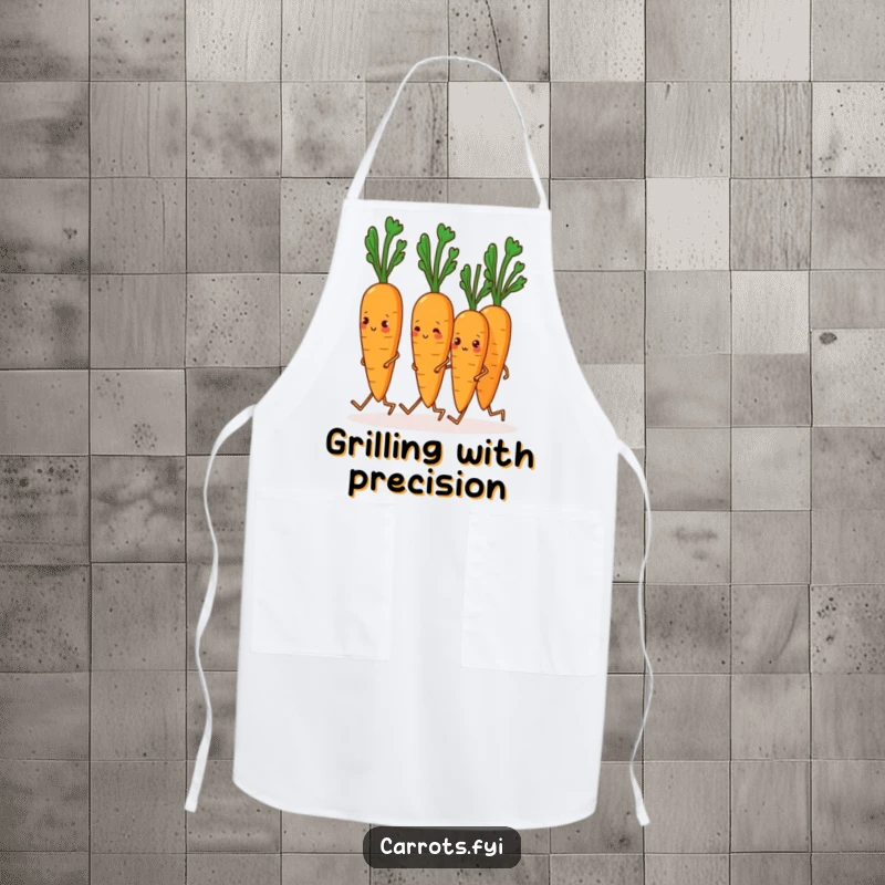 Funny Carrot Apron: A cooking apron illustrated with carrots marching in unison on their tiny legs, perfect for a humorous culinary experience.