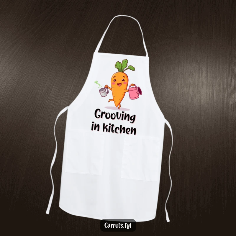 Funny apron with a cheerful carrot character dancing with a watering can, ideal for cooking with a joyful and happy vibe.