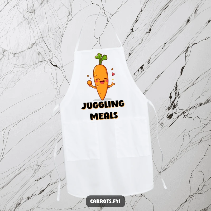Funny apron showcasing an anthropomorphic carrot character giggling while juggling its leafy green top, designed for cooks who enjoy playful kitchen antics.