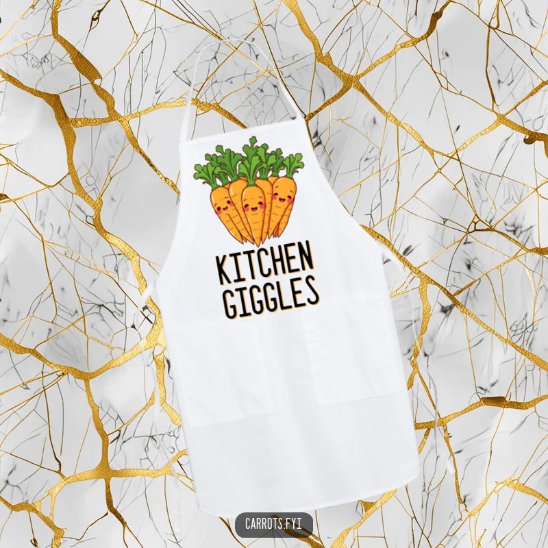 Funny apron graphic showing a group of happy carrot characters giggling, their leafy tops wiggling with mirth, adding a humorous touch to kitchen wear.