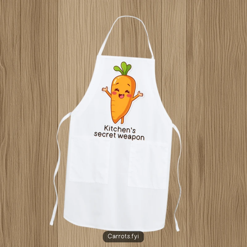Funny apron showing a carrot character peeling itself to reveal a bright, smiling inner surface, adding humor to cooking.