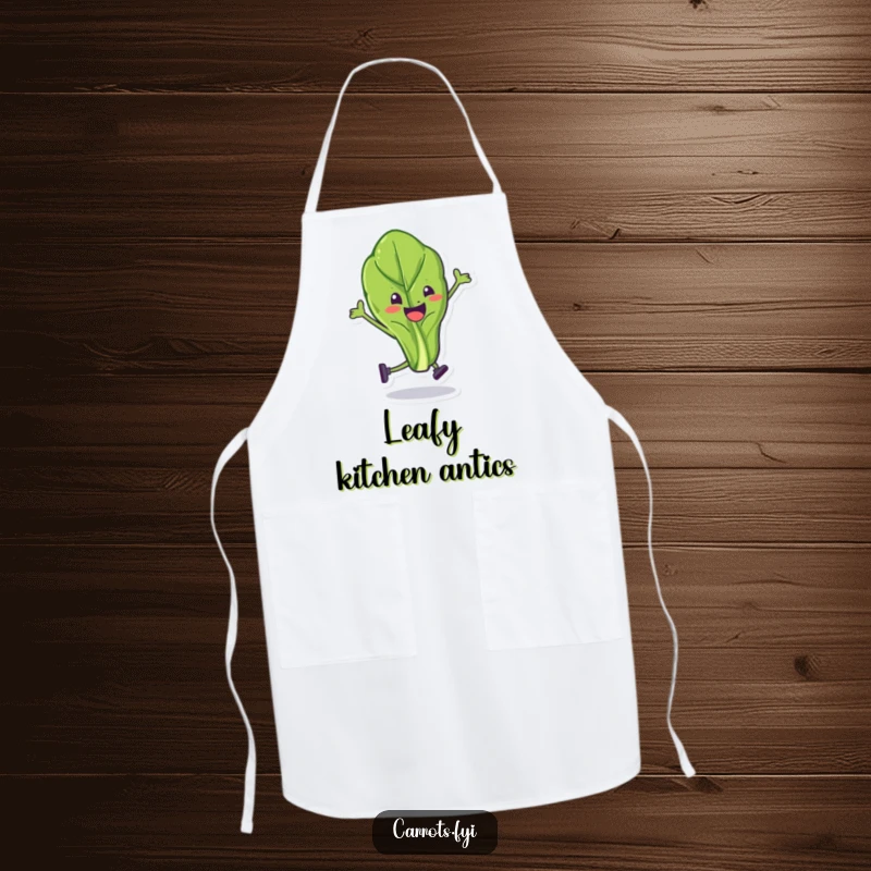 Funny spinach leaf apron showing a character performing a silly stunt, ideal for adding humor to cooking sessions.