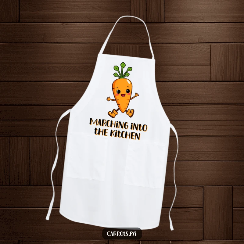 Funny apron showcasing an anthropomorphic carrot character marching proudly in small boots, designed for cooks who enjoy humor and a determined spirit.