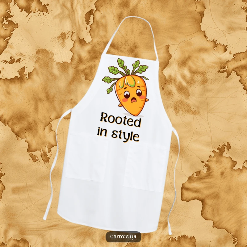 Funny apron design of a carrot with a shocked expression and leafy green hair, adding humor to kitchen tasks.