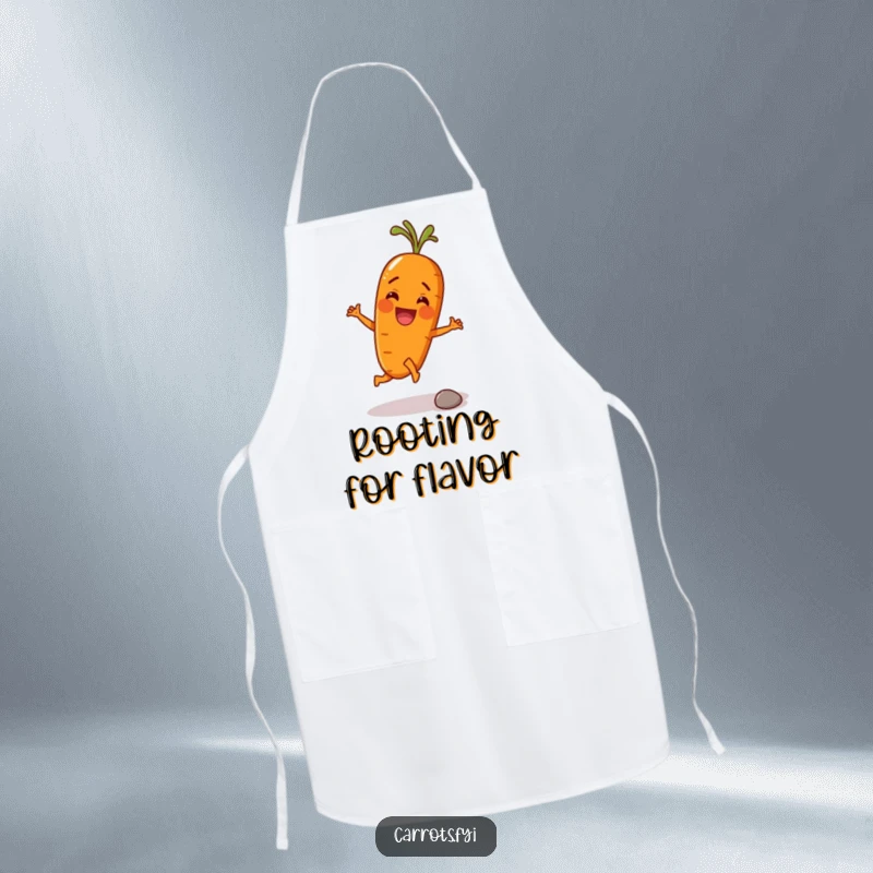 Funny apron featuring an anthropomorphic carrot character with a determined stance, kicking a tiny pebble with its root, perfect for a humorous kitchen.