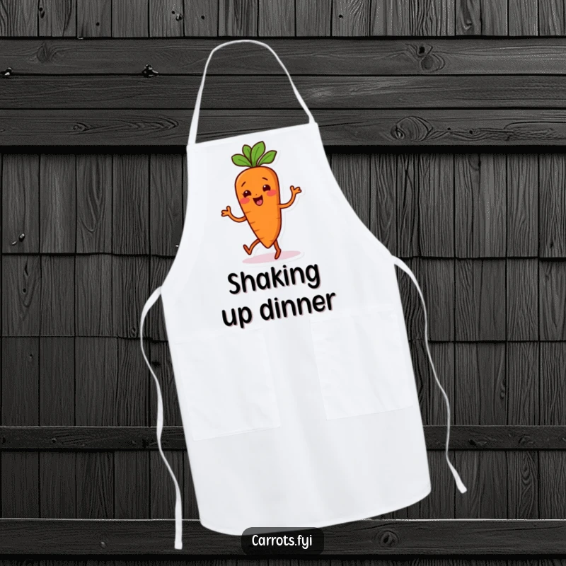 Funny Carrot Apron: A kitchen apron featuring a carrot character doing a silly, wiggling dance, ready to cook.