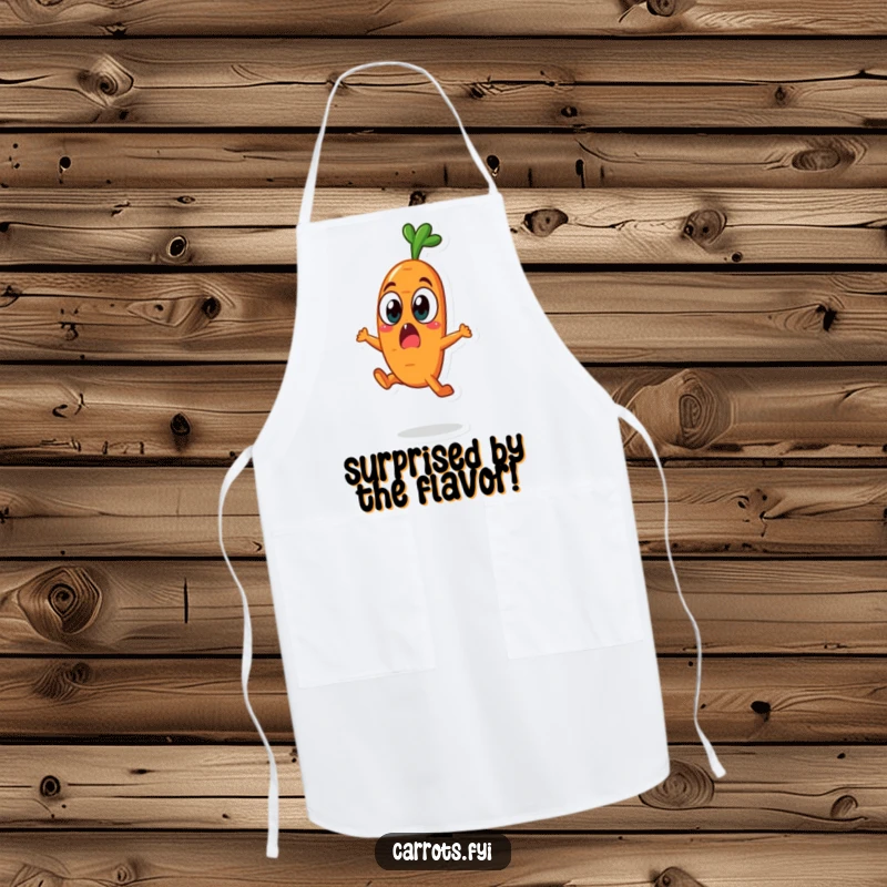 Funny carrot character in a surprised leap wearing a kitchen apron, bringing shock humor to cooking.