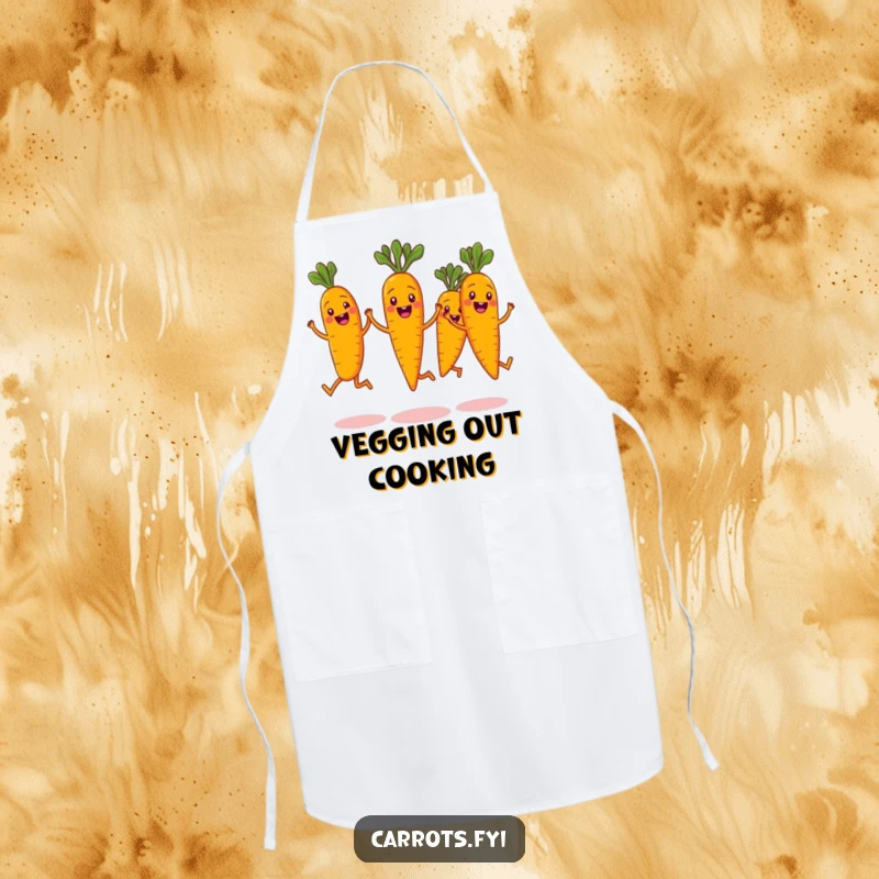Funny apron depicting a group of happy carrot characters mid-synchronized jump, their wide grins and energetic action adding a humorous touch to kitchen wear.