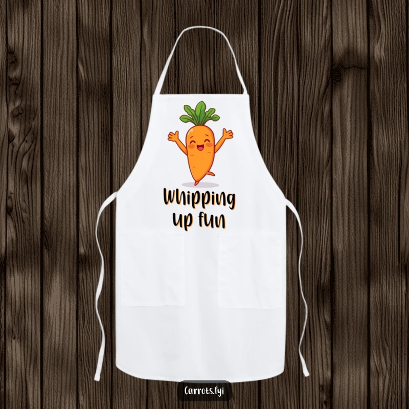 Funny carrot character dancing with arms flair while wearing a kitchen apron, bringing veggie humor.