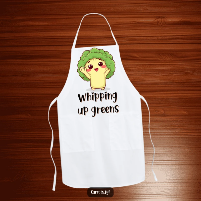 Funny apron adorned with a cute broccoli floret character giving a friendly wave, perfect for a humorous and welcoming cooking experience.