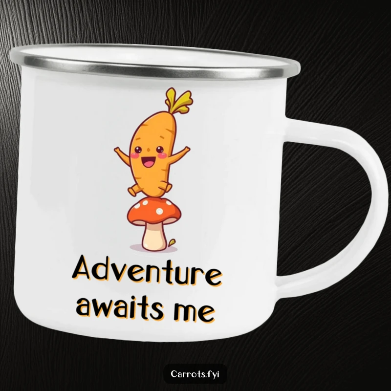 Funny camping mug displaying a single, exuberant carrot character mid-leap over a mushroom, its joyful action bringing a humorous element to outdoor settings.