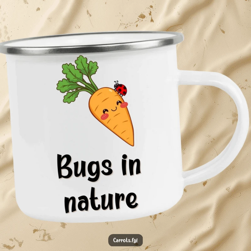 Funny camping mug showing a smiling carrot with rosy cheeks, its tip delicately balancing a tiny ladybug, adding sweet charm to outdoor settings.