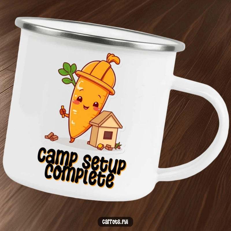 Funny carrot character wearing a hard hat and building a food structure, a durable and humorous camping mug.