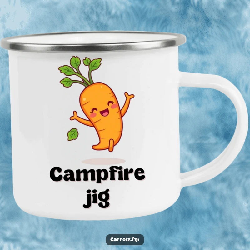 Funny carrot character dancing with leafy greens, a durable and humorous camping mug.