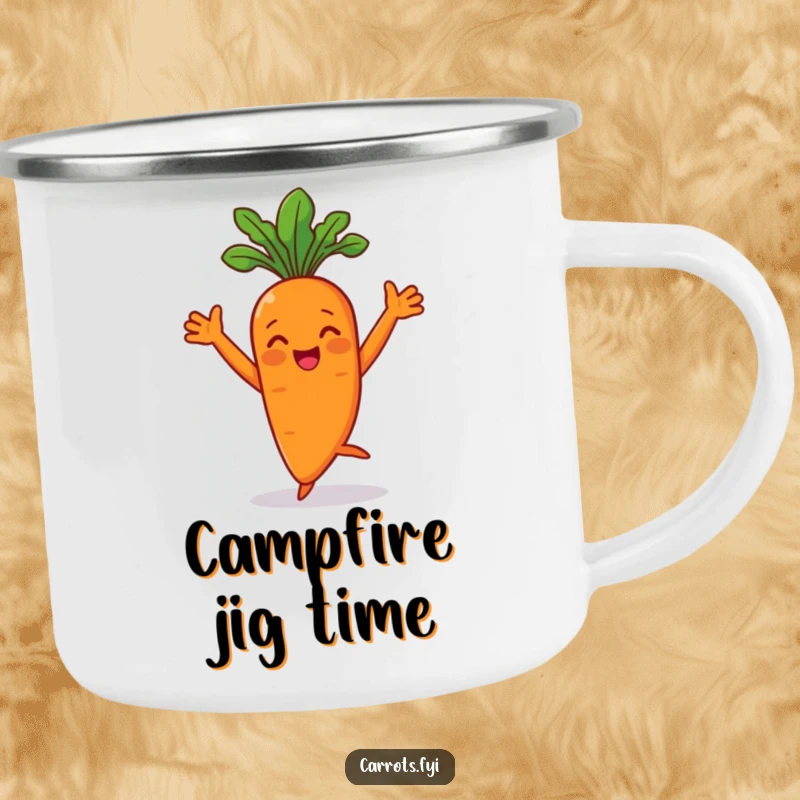 Funny carrot character joyfully dancing on a sturdy camping mug, perfect for outdoor humor.