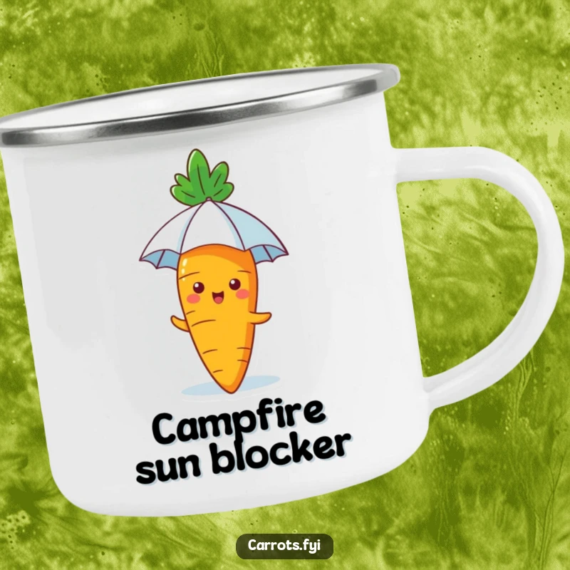Funny Carrot Camping Mug: A robust mug featuring a happy carrot with a tiny umbrella, ideal for humorous outdoor excursions.