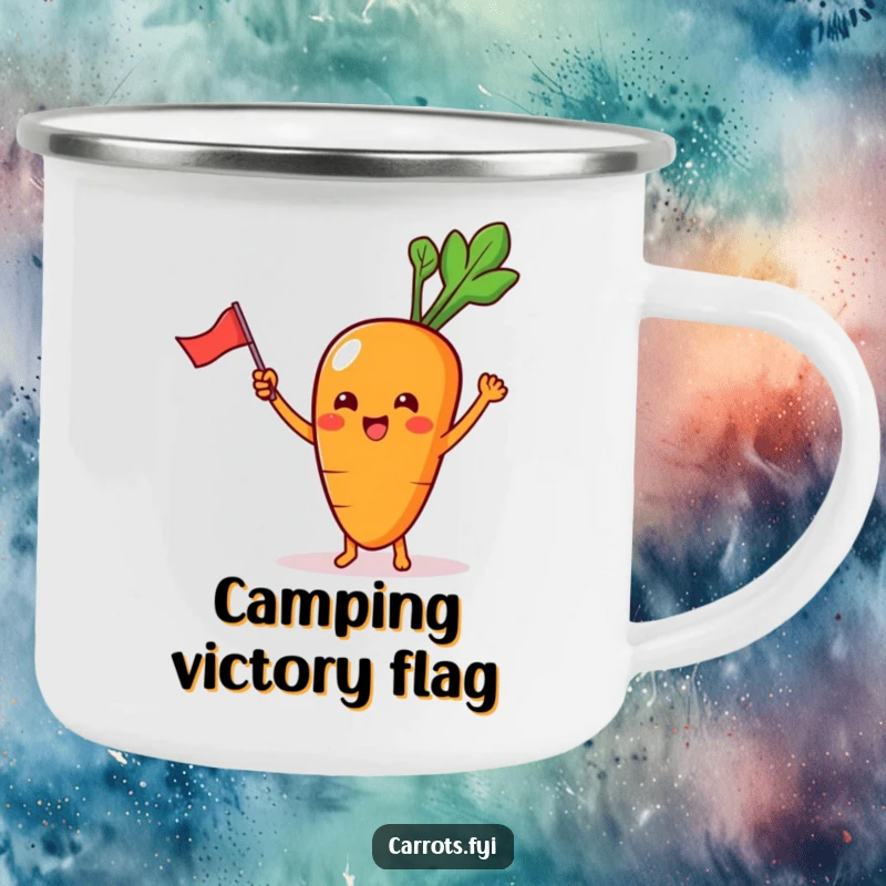 Funny Camping Mug with a kawaii carrot character, tiny feet showing, excitedly waving a miniature flag, perfect for scenic sips.