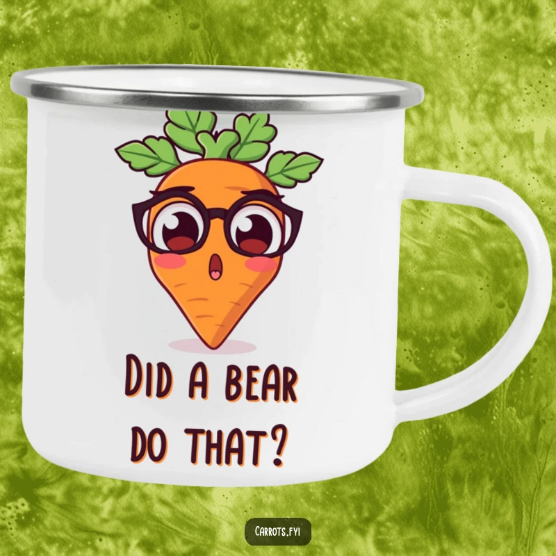 Funny enamel camping mug with a carrot character wide-eyed in surprise, ideal for outdoor excursions and humorous moments.