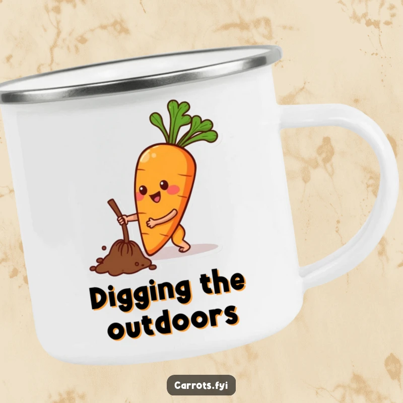 Funny camping mug showing a happy anthropomorphic carrot character digging, perfect for enjoying beverages in the great outdoors.