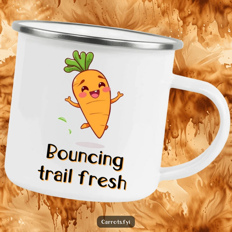 Funny camping mug with a happy carrot character with a wide grin bouncing playfully, leaving a fresh scent trail, for outdoor fun.