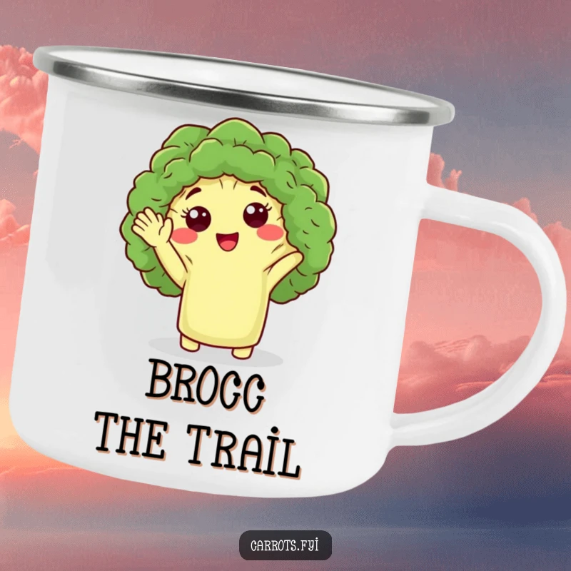 Funny camping mug with a cute broccoli floret character giving a friendly wave, perfect for outdoor adventures and humorous sipping.