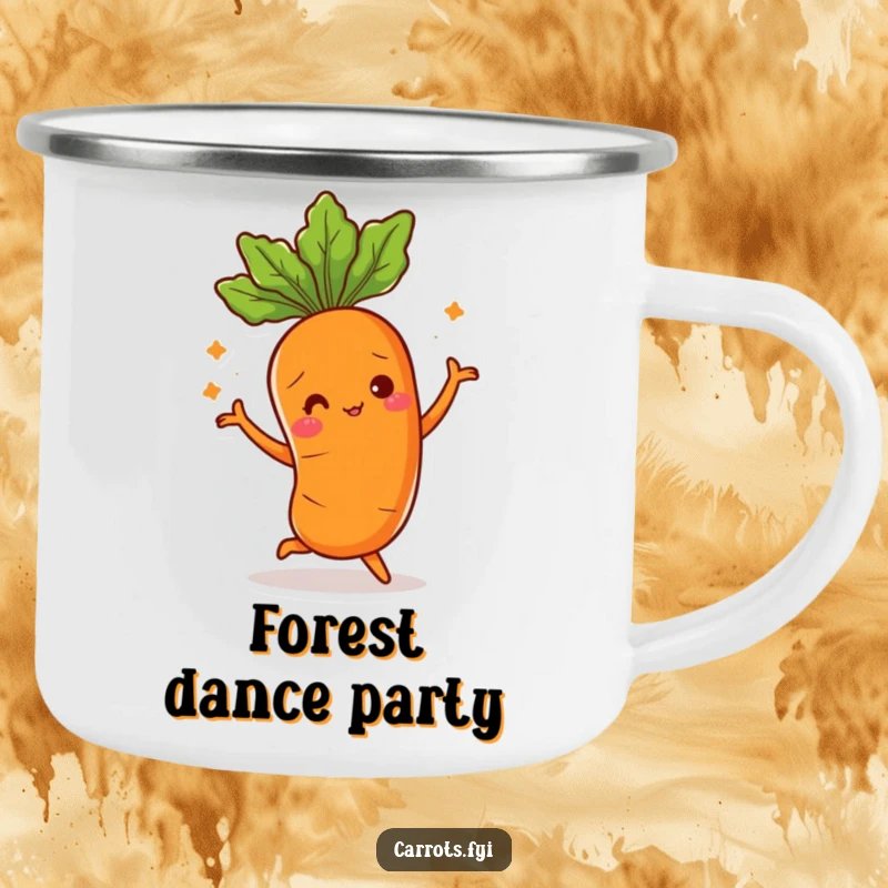 Funny enamel camping mug featuring a carrot character doing a silly dance, its leafy top moving, perfect for outdoor enthusiasts.