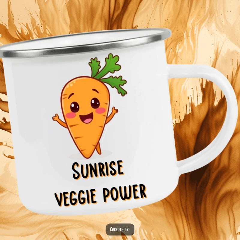 Funny camping mug featuring an excited carrot character, ready for adventure and healthy meals in the great outdoors.