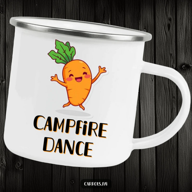 Funny cheerful carrot camping mug with a grin, performing a silly dance, perfect for outdoor sipping with playful vibes.